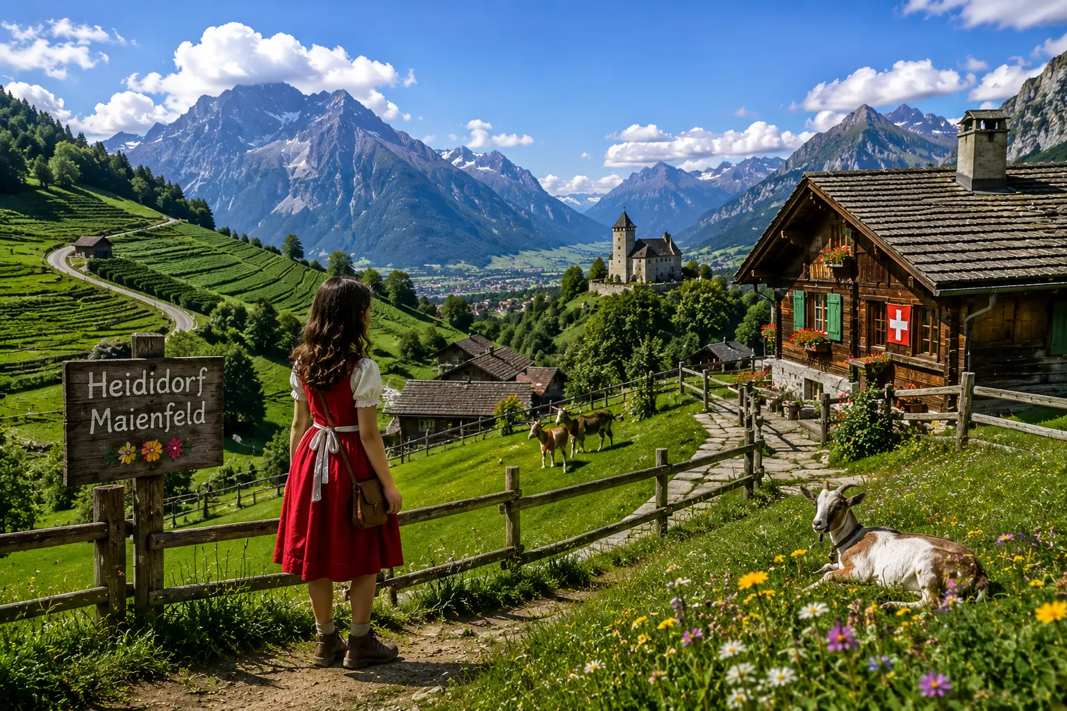 Traditional Heidiland landscape near Maienfeld with alpine meadows, Swiss chalet, grazing goats, and mountain scenery.
