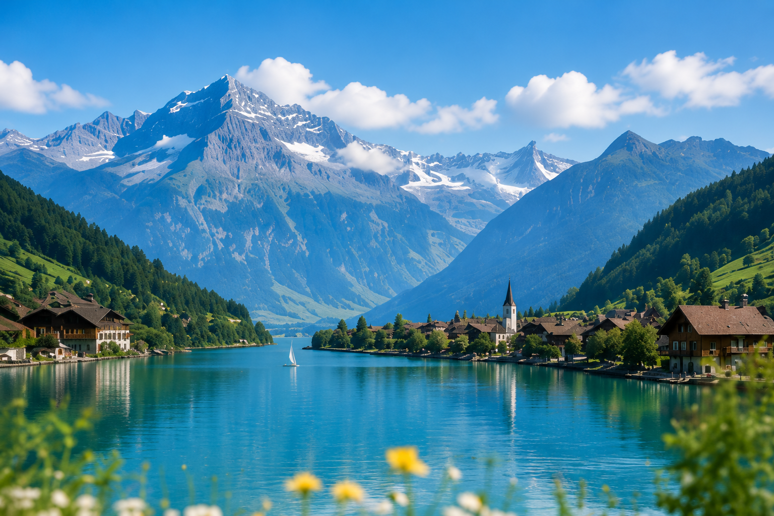 Scenic Swiss alpine landscape with mountain reflections and wildflowers during a Zurich Day Tour experience.