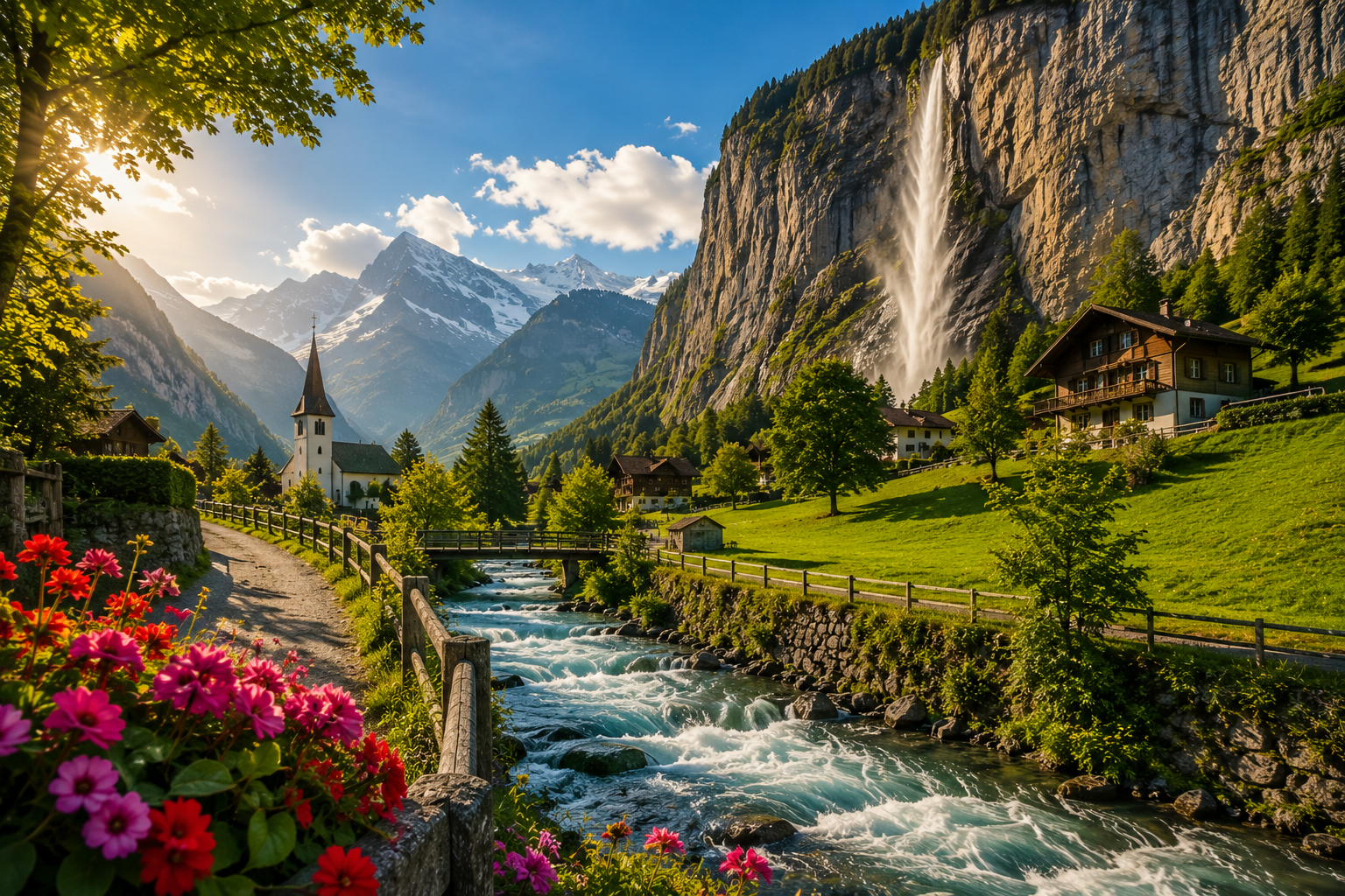 Scenic Swiss alpine landscape with mountain reflections and wildflowers during a Zurich Day Tour experience.