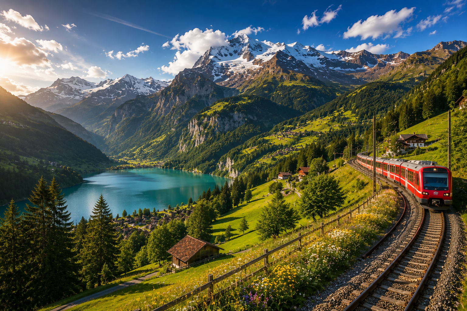 Swiss panoramic train journey through alpine mountains, lakes, and green valleys.