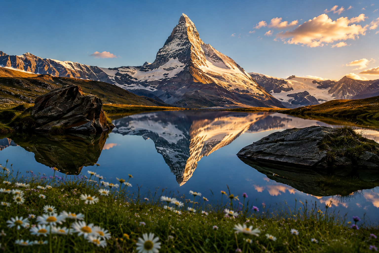 Scenic Swiss alpine landscape with mountain reflections and wildflowers during a Zurich Day Tour experience.