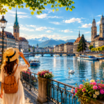 Traveler enjoying a sunny day along Zurich's historic riverfront with views of the Old Town, churches, and Swiss Alps.