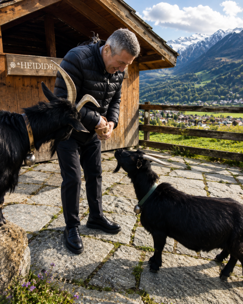 Enver Muyoglu, manager of Zurich Day Tour, interacting with alpine goats in Heidiland, Switzerland.