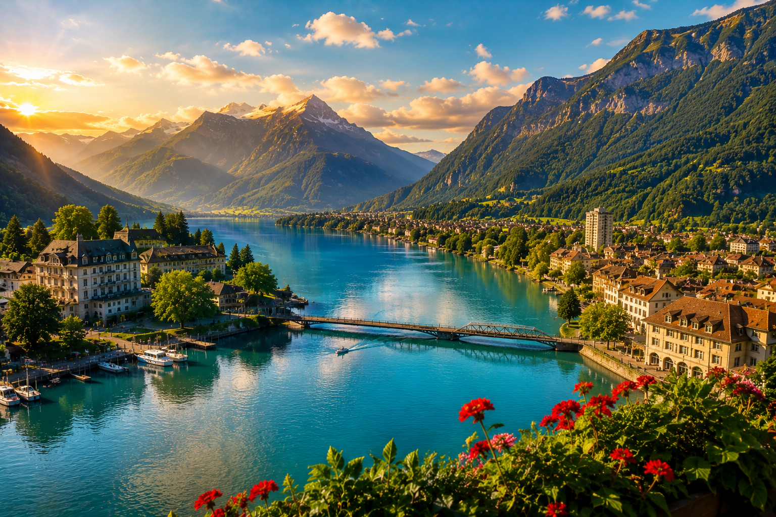 Panoramic view of Interlaken between Lake Thun and Lake Brienz, surrounded by Swiss Alps at sunset.