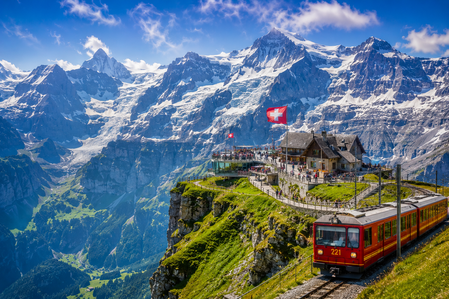 Jungfrau Region mountain railway with panoramic views of the Eiger, Mönch, and Jungfrau peaks in the Swiss Alps.