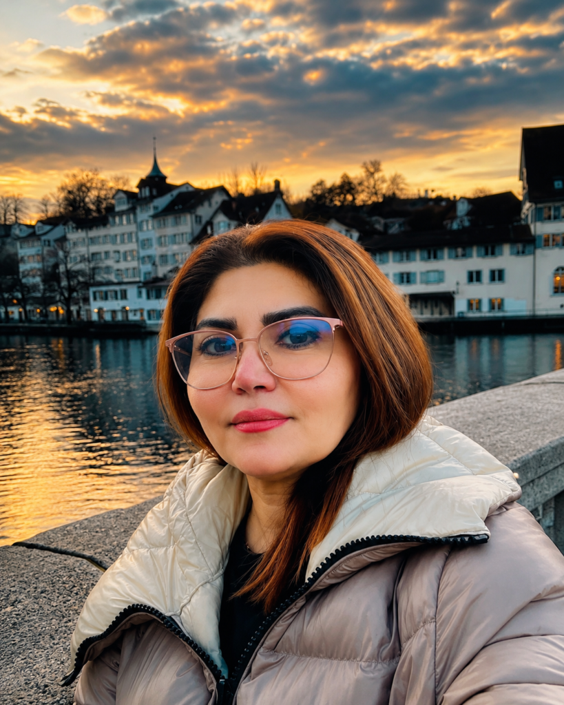 Maria, tour planner and experience designer at Zurich Day Tour, photographed beside the Limmat River in Zurich.