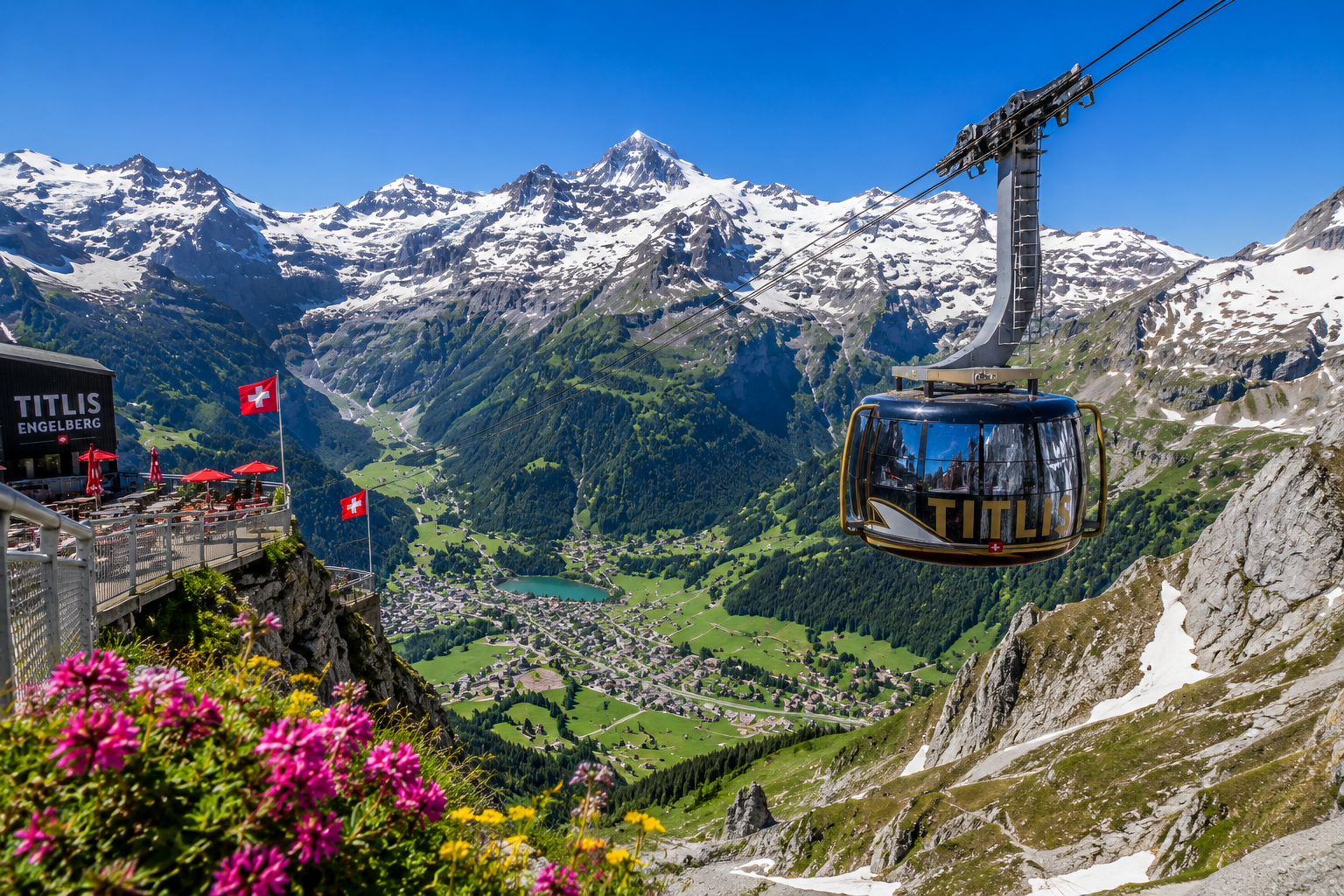 Mount Titlis cable car above Engelberg Valley with panoramic views of snow-capped Swiss Alps and alpine landscapes.