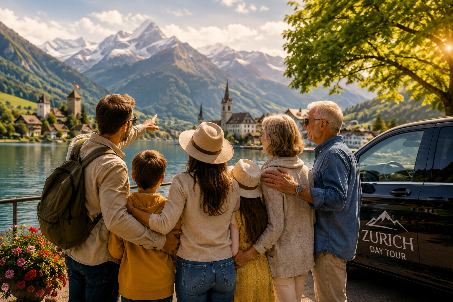 Family and friends enjoying a private Swiss journey beside a lake with alpine mountains and scenic village views.