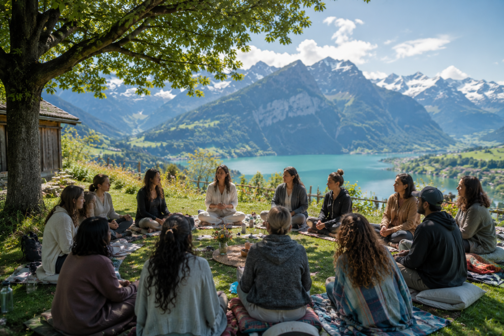 Small group retreat gathering beside a Swiss alpine lake with mountain views, shared reflection, and mindful connection in nature.