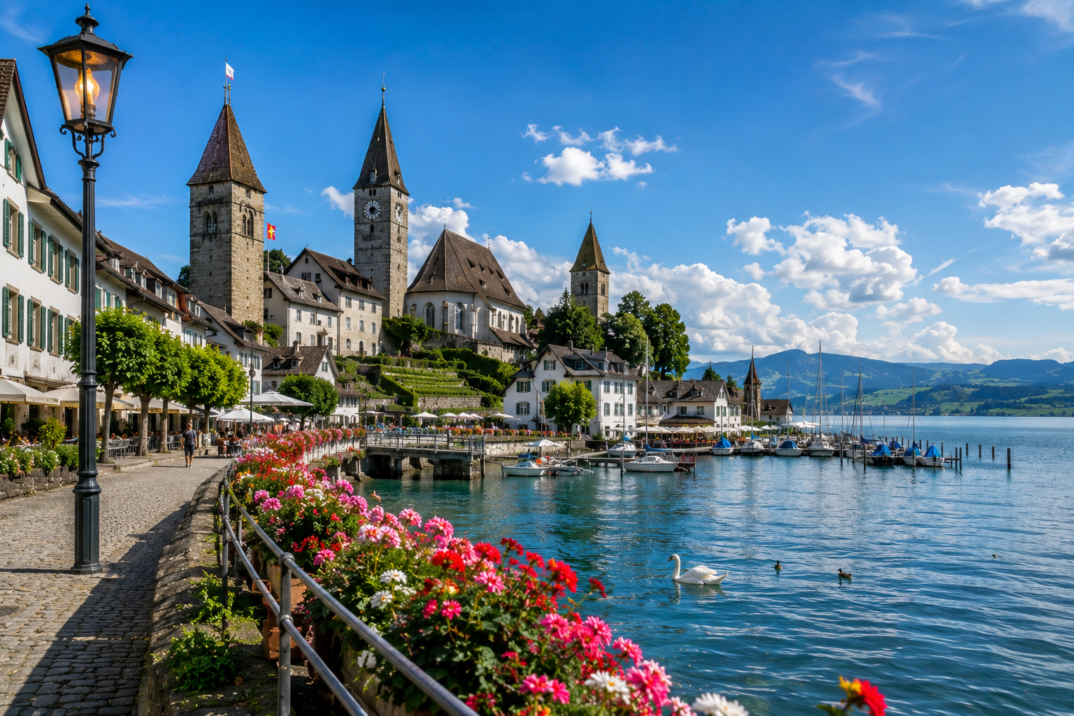 Historic lakeside promenade in Rapperswil with colorful flowers, medieval towers, marina, and views across Lake Zurich.