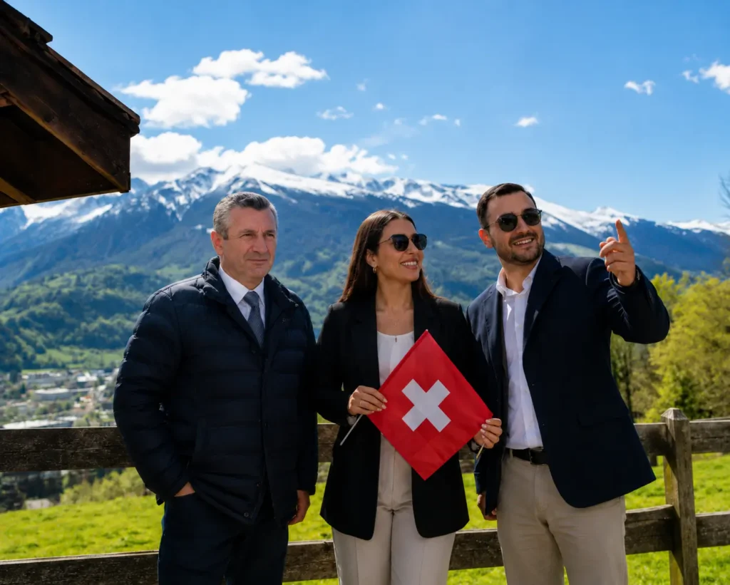 Tour guide Enver welcoming international visitors at a scenic Swiss mountain viewpoint during a Zurich Day Tour.