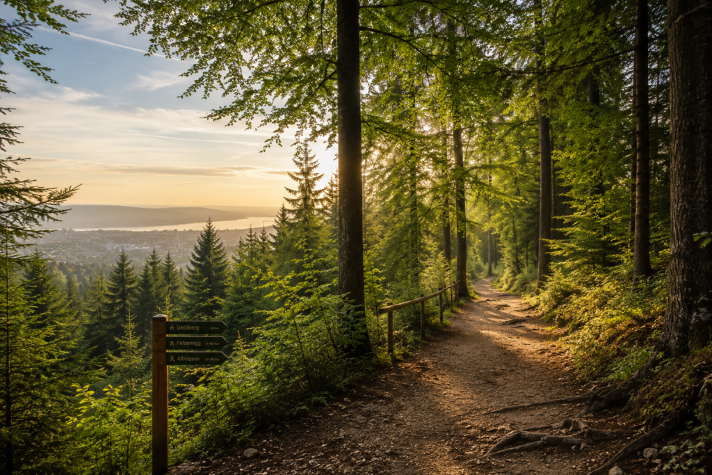 Sunlit forest trail near Uetliberg overlooking Zurich and Lake Zurich, surrounded by tall trees and peaceful woodland scenery.