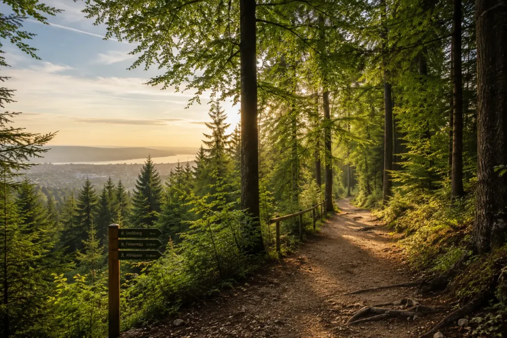Sunlit forest trail near Uetliberg overlooking Zurich and Lake Zurich, surrounded by tall trees and peaceful woodland scenery.