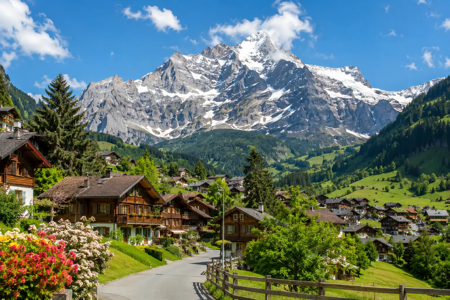 Alpine village with wooden chalets, colorful flowers, and snow-capped mountains under a blue sky.
