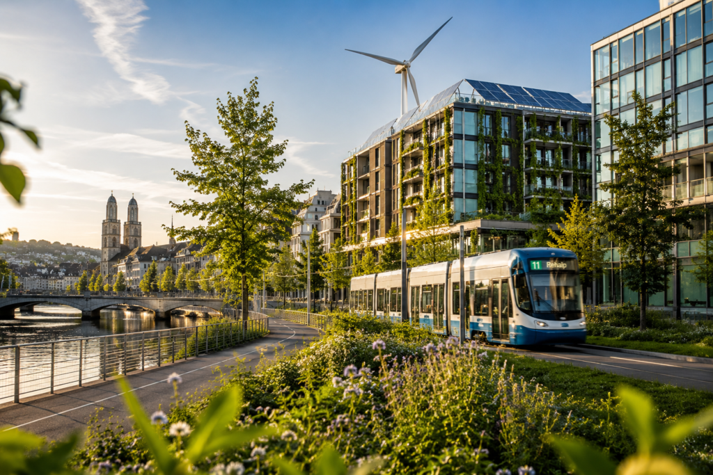 Modern sustainable architecture, electric tram, and green urban design along Zurich's waterfront at sunset.