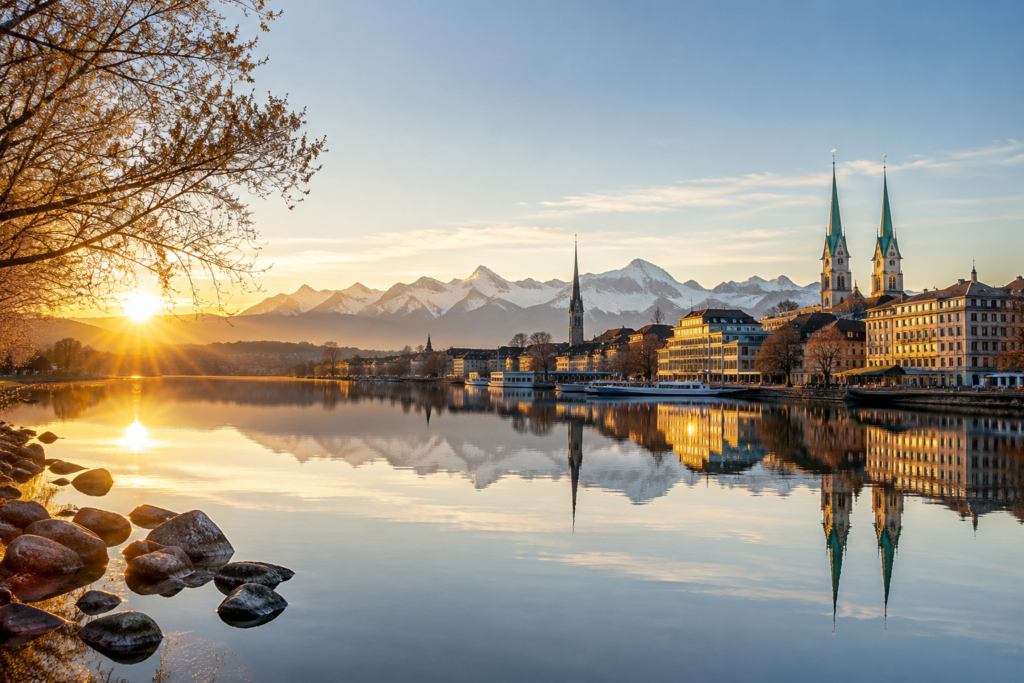 Early morning sunlight reflecting across Lake Zurich with historic church spires, waterfront buildings, and the Swiss Alps in the background.