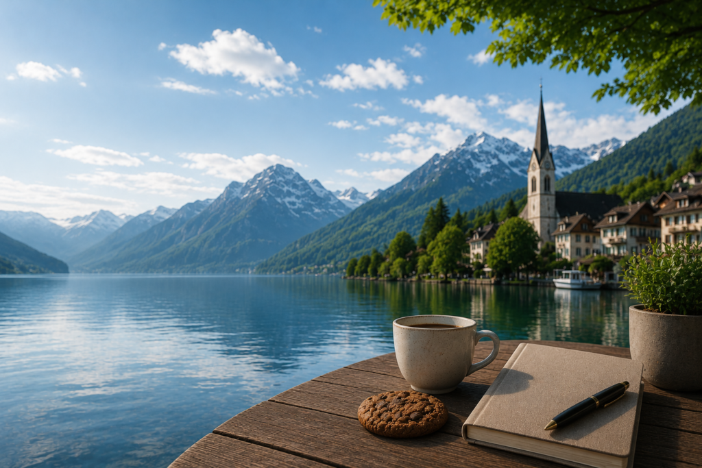 Swiss lakeside village with mountains and a peaceful outdoor setting representing transparency, user preferences, and website cookies policy.