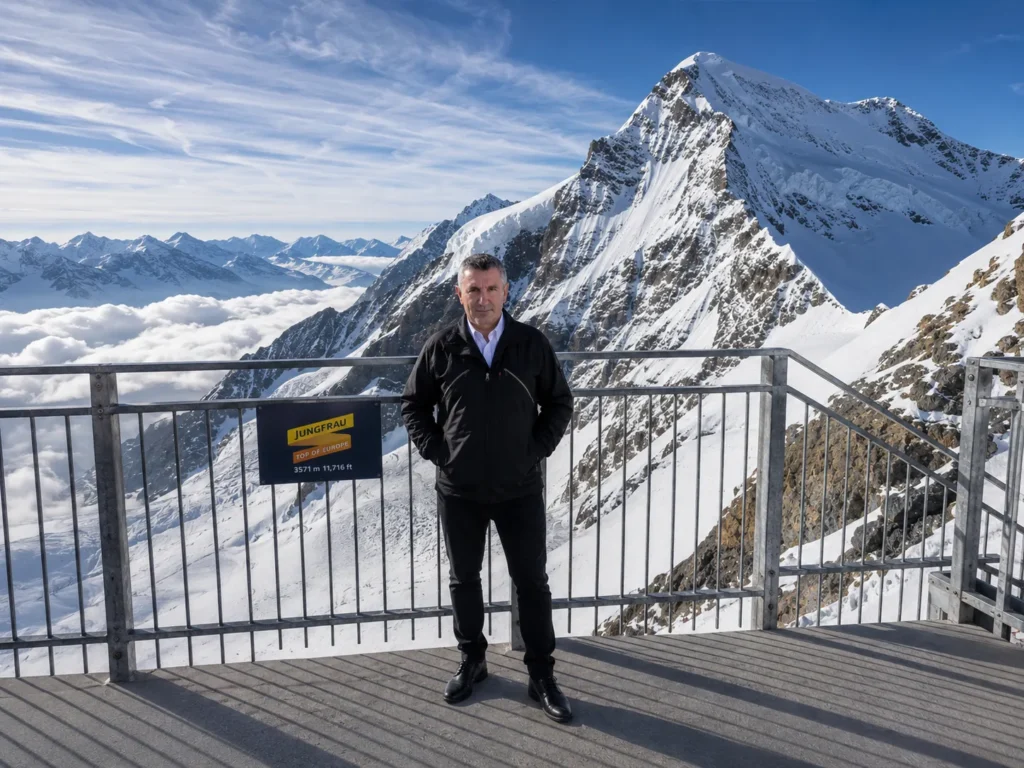 Enver, guide and host of Zurich Day Tour, welcoming international guests in the Swiss Alps with panoramic mountain views near Jungfrau.