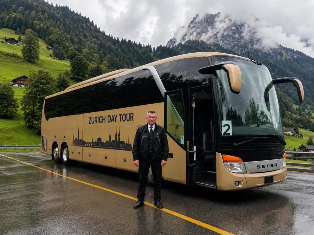 Enver standing beside the Zurich Day Tour luxury coach in the Swiss Alps, ready to welcome guests.