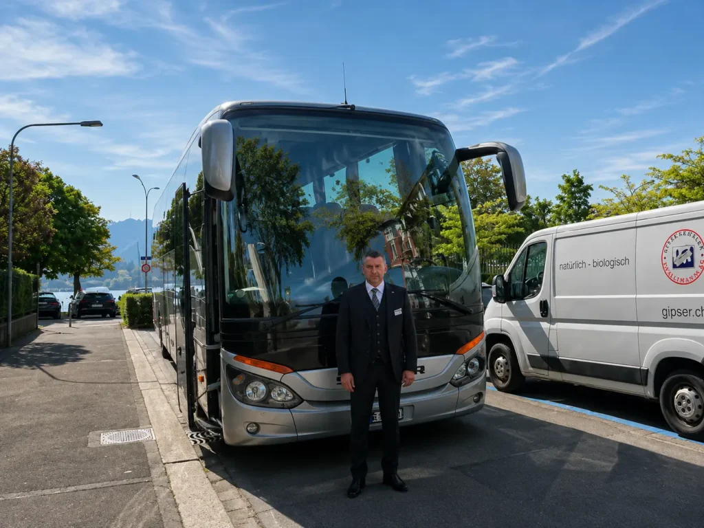 Enver standing in front of a Zurich Day Tour coach before departing for the Swiss Alps.
