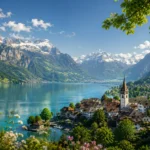 Panoramic view of the Swiss Alps overlooking a crystal-clear lake and a charming Swiss village, representing the authentic experiences offered by Zurich Day Tour.