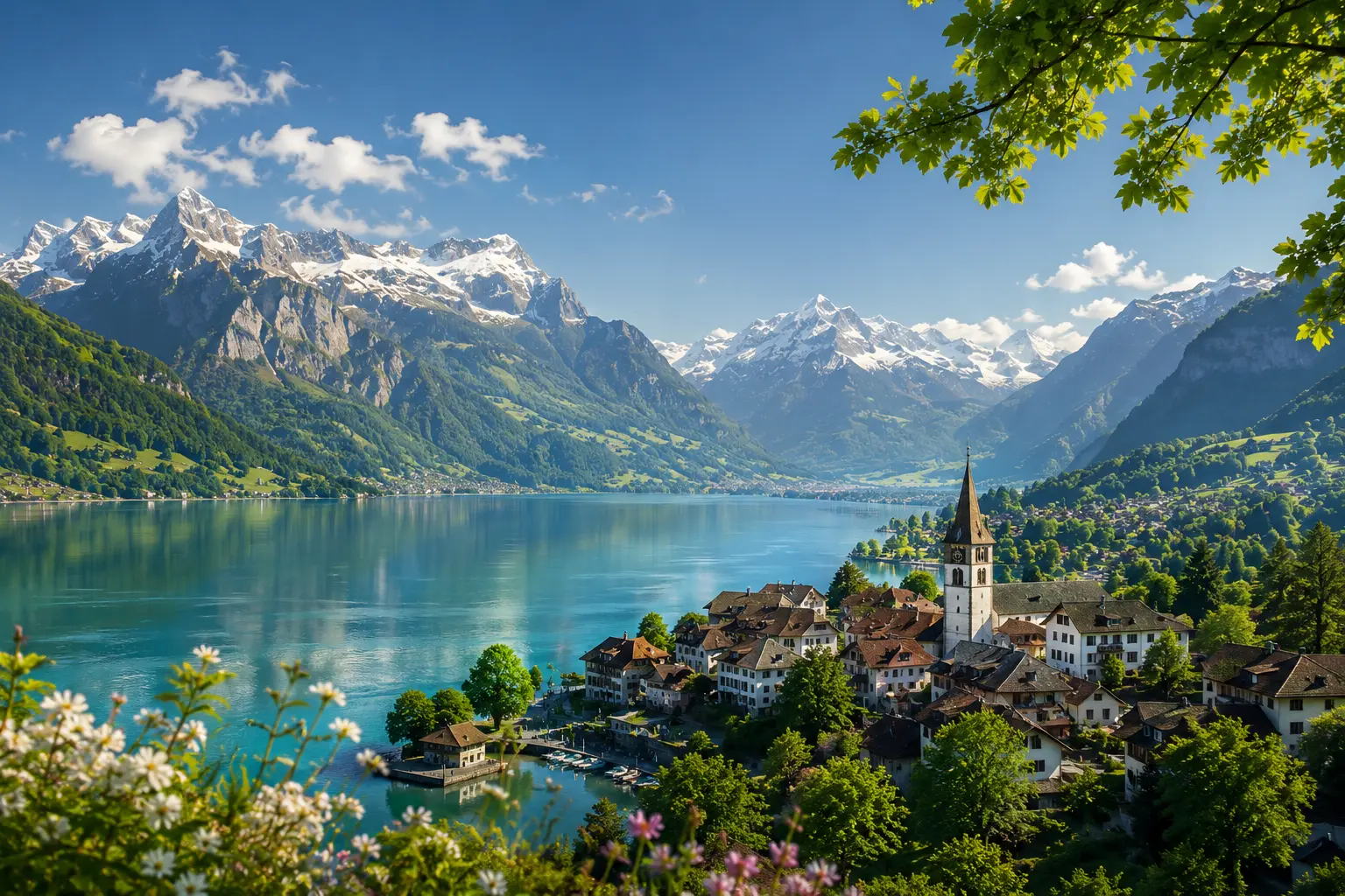 Panoramic view of the Swiss Alps overlooking a crystal-clear lake and a charming Swiss village, representing the authentic experiences offered by Zurich Day Tour.